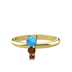 Akuamarin, dumanlı kuvars ve rodolit garnet 14 ayar altın yüzük