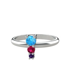 Akuamarin, rodolit garnet ve ametist 8 ayar beyaz altın yüzük