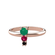Kök zümrüt, rodolit garnet ve siyah zirkon 14 ayar rose altın yüzük