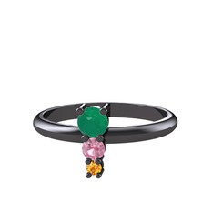 Madga Yüzük - Kök zümrüt, pembe kuvars ve sitrin 925 ayar siyah rodyum kaplama gümüş yüzük #edkkga