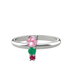 Pembe kuvars, kök zümrüt ve rodolit garnet 8 ayar beyaz altın yüzük