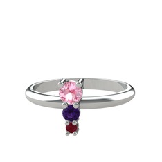 Madga Yüzük - Pembe kuvars, ametist ve kök yakut 8 ayar beyaz altın yüzük #kej5r1