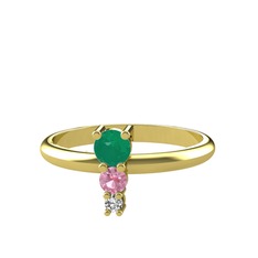Kök zümrüt, pembe kuvars ve swarovski 18 ayar altın yüzük