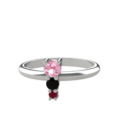 Madga Yüzük - Pembe kuvars, siyah zirkon ve kök yakut 18 ayar beyaz altın yüzük #leb9xk