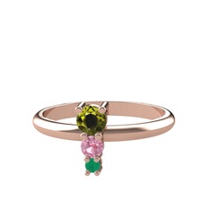 Peridot, pembe kuvars ve kök zümrüt 8 ayar rose altın yüzük