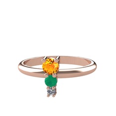 Sitrin, kök zümrüt ve pırlanta 14 ayar rose altın yüzük (0.036 karat)