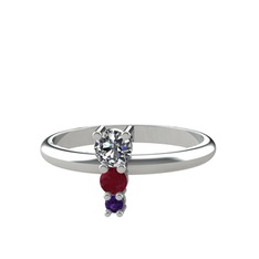 Madga Yüzük - Pırlanta, kök yakut ve ametist 14 ayar beyaz altın yüzük (0.18 karat) #n5h9n8