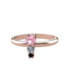 Pembe kuvars, pırlanta ve siyah zirkon 18 ayar rose altın yüzük (0.11 karat)