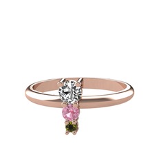 Beyaz zirkon, pembe kuvars ve peridot 14 ayar rose altın yüzük