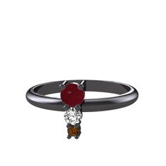 Madga Yüzük - Kök yakut, beyaz zirkon ve dumanlı kuvars 925 ayar siyah rodyum kaplama gümüş yüzük #p4h8zm