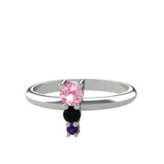 Madga Yüzük - Pembe kuvars, siyah zirkon ve ametist 14 ayar beyaz altın yüzük #pjwc0o