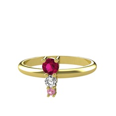 Rodolit garnet, beyaz zirkon ve pembe kuvars 14 ayar altın yüzük
