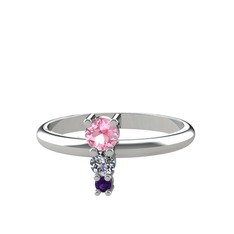 Pembe kuvars, pırlanta ve ametist 14 ayar beyaz altın yüzük (0.11 karat)