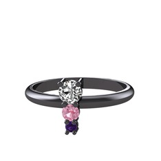 Swarovski, pembe kuvars ve ametist 925 ayar siyah rodyum kaplama gümüş yüzük