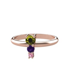 Peridot, ametist ve pembe kuvars 925 ayar rose altın kaplama gümüş yüzük