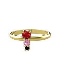 Garnet, pembe kuvars ve siyah zirkon 14 ayar altın yüzük