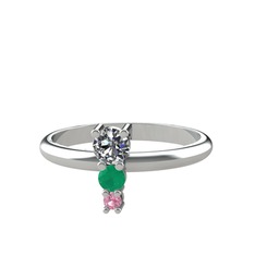 Madga Yüzük - Pırlanta, kök zümrüt ve pembe kuvars 8 ayar beyaz altın yüzük (0.18 karat) #xi5ljw