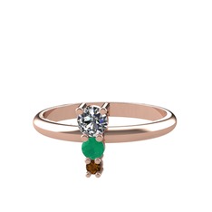 Madga Yüzük - Pırlanta, kök zümrüt ve dumanlı kuvars 14 ayar rose altın yüzük (0.18 karat) #xl7zch