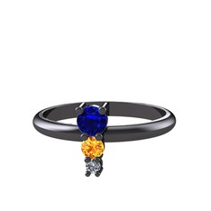 Madga Yüzük - Lab safir, sitrin ve pırlanta 925 ayar siyah rodyum kaplama gümüş yüzük (0.036 karat) #xm9k25