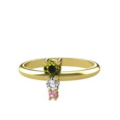 Peridot, beyaz zirkon ve pembe kuvars 18 ayar altın yüzük