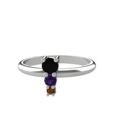 Madga Yüzük - Siyah zirkon, ametist ve dumanlı kuvars 18 ayar beyaz altın yüzük #zflspp