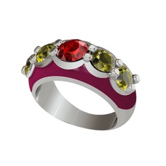 Garnet ve peridot 14 ayar beyaz altın yüzük (Bordo kırmızı mineli)
