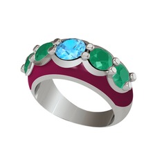 Aura Yüzük - Akuamarin ve kök zümrüt 925 ayar gümüş yüzük (Bordo kırmızı mineli) #10s7o3r