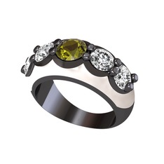 Peridot ve beyaz zirkon 925 ayar siyah rodyum kaplama gümüş yüzük (Beyaz mineli)