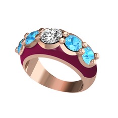 Swarovski ve akuamarin 18 ayar rose altın yüzük (Bordo kırmızı mineli)
