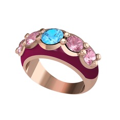 Akuamarin ve pembe kuvars 925 ayar rose altın kaplama gümüş yüzük (Bordo kırmızı mineli)