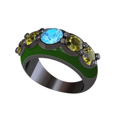 Akuamarin ve peridot 925 ayar siyah rodyum kaplama gümüş yüzük (Yeşil mineli)