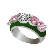 Aura Yüzük - Beyaz zirkon ve pembe kuvars 18 ayar beyaz altın yüzük (Yeşil mineli) #15iz3mm