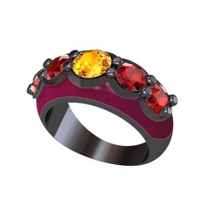 Sitrin ve garnet 925 ayar siyah rodyum kaplama gümüş yüzük (Bordo kırmızı mineli)