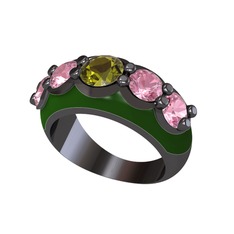 Peridot ve pembe kuvars 925 ayar siyah rodyum kaplama gümüş yüzük (Yeşil mineli)