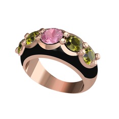 Pembe kuvars ve peridot 925 ayar rose altın kaplama gümüş yüzük (Siyah mineli)