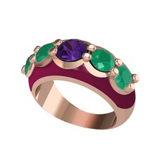 Ametist ve kök zümrüt 8 ayar rose altın yüzük (Bordo kırmızı mineli)