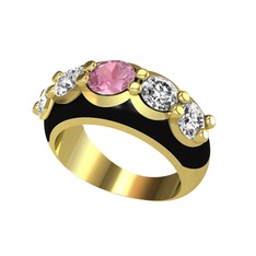 Pembe kuvars ve pırlanta 18 ayar altın yüzük (2 karat, siyah mineli)
