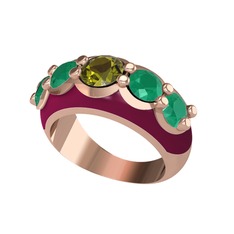 Peridot ve kök zümrüt 8 ayar rose altın yüzük (Bordo kırmızı mineli)