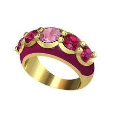 Pembe kuvars ve rodolit garnet 925 ayar altın kaplama gümüş yüzük (Bordo kırmızı mineli)