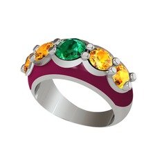 Aura Yüzük - Yeşil kuvars ve sitrin 14 ayar beyaz altın yüzük (Bordo kırmızı mineli) #16k522j