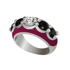 Aura Yüzük - Elmas ve siyah zirkon 14 ayar beyaz altın yüzük (0.68 karat, bordo kırmızı mineli) #171jrev