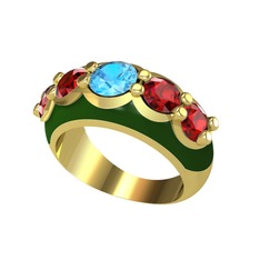 Akuamarin ve garnet 18 ayar altın yüzük (Yeşil mineli)