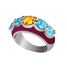 Sitrin ve akuamarin 18 ayar beyaz altın yüzük (Bordo kırmızı mineli)