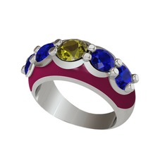 Peridot ve lab safir 14 ayar beyaz altın yüzük (Bordo kırmızı mineli)