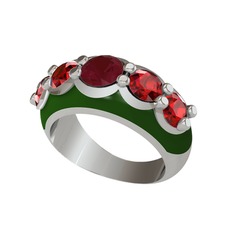 Kök yakut ve garnet 8 ayar beyaz altın yüzük (Yeşil mineli)