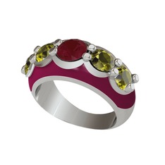 Kök yakut ve peridot 925 ayar gümüş yüzük (Bordo kırmızı mineli)