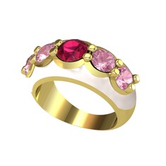 Rodolit garnet ve pembe kuvars 18 ayar altın yüzük (Beyaz mineli)