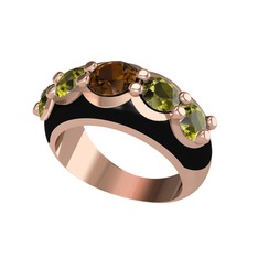 Dumanlı kuvars ve peridot 14 ayar rose altın yüzük (Siyah mineli)