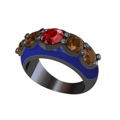 Garnet ve dumanlı kuvars 925 ayar siyah rodyum kaplama gümüş yüzük (Lacivert mineli)