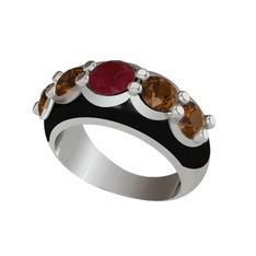 Kök yakut ve dumanlı kuvars 8 ayar beyaz altın yüzük (Siyah mineli)